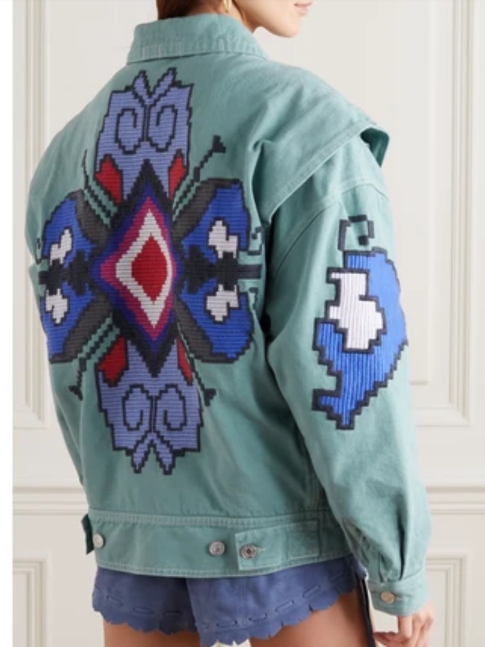 Isabel Marant Sage Green Embroidered Denim Convertible Erial Jacket size 36 S/M - Picture 4 of 16